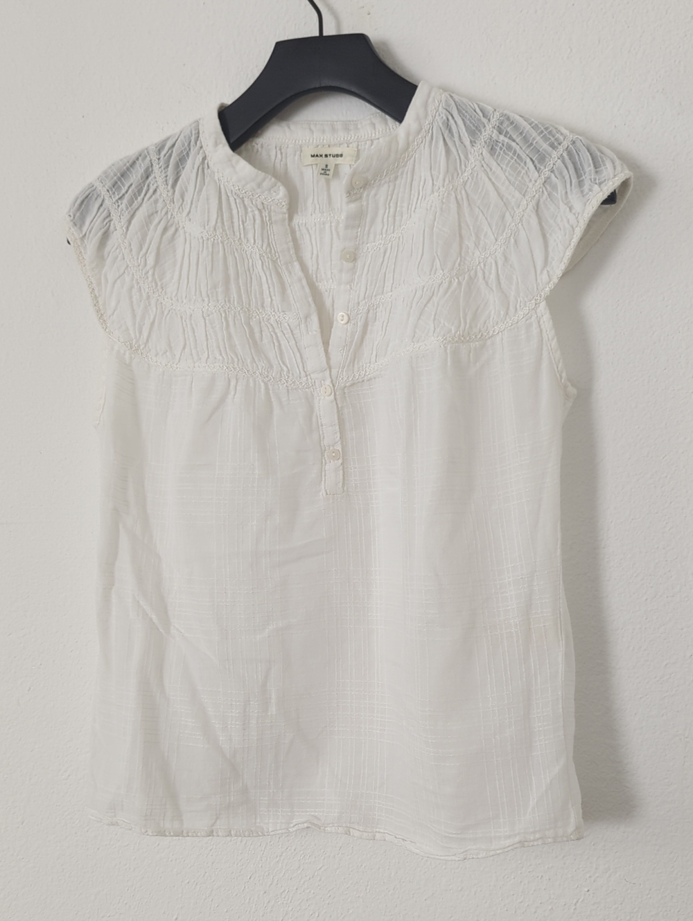 Max Studio White Cotton Smocked Cap-Sleeve Henley